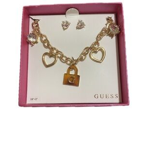 GUESS Gold-Tone Heart & Lock Charm Necklace with Crystal Stud Earrings